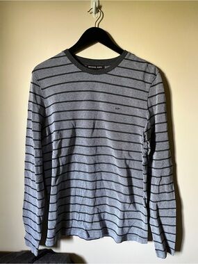 Michael Kors Men's Gray and Black Striped Long Sleeve Crew